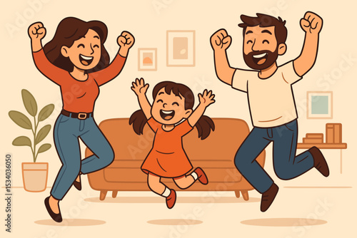 Joyful family celebration with happy parents and daughter jumping for joy at home. Mother, father, and child having fun together. Cartoon vector illustration of a happy family.