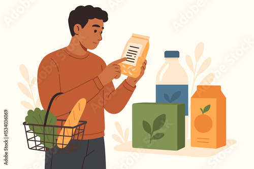 Conscious consumer man reading food label in grocery store. Customer choosing healthy, organic products. Smart shopping, nutrition check, healthy lifestyle and diet concept vector.