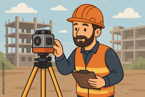 Surveyor character at a construction site using a theodolite on a tripod. Civil engineer measuring land. Geodetic work concept for building development. Man in hard hat with clipboard.
