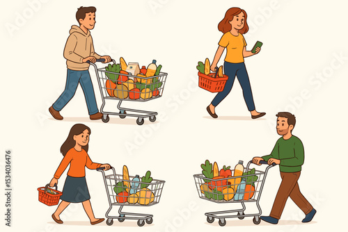 Set of cartoon people shopping for groceries. Men and women walking with shopping carts and baskets full of healthy food. Supermarket customers character collection vector illustration.