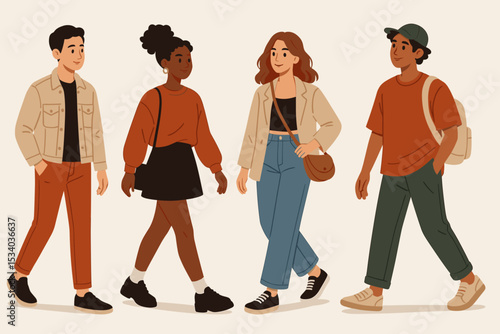Group of diverse young people walking together. Trendy fashion characters set. Men and women in casual streetwear. Multiethnic friends vector illustration. Full body flat design.