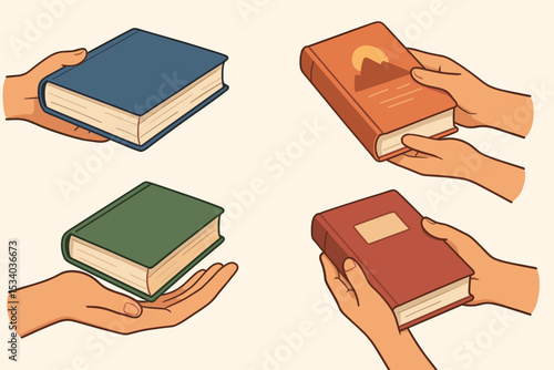 Hands holding books illustration set. Sharing knowledge, education, and learning concept. Vector graphic for library, book club, literature donation, and community exchange.