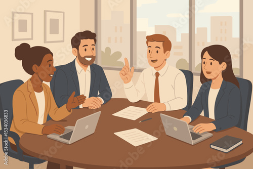 Corporate team collaboration in an office meeting. Diverse business people discussing a project. Brainstorming and teamwork concept. Colleagues working together on strategy with laptops.