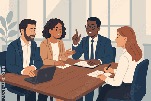 Business team meeting and collaboration concept. Diverse group of colleagues brainstorming and discussing a project in the office. Corporate teamwork and strategy planning.