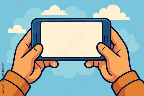 Cartoon hands holding a smartphone in landscape mode with a blank screen for mockup. First person view of a user watching videos, playing mobile games or browsing online. Vector illustration.
