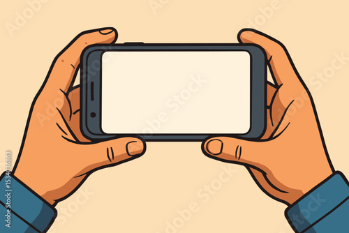 Hands holding smartphone with blank screen mockup. Cartoon vector illustration of person watching video or playing game on mobile device. First person view concept for advertising.