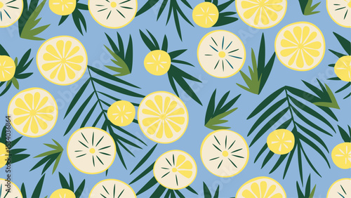 Aesthetic seamless pattern featuring lemon slices and palm leaves on a light blue colored background art