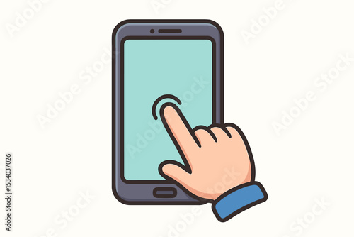 Hand touching smartphone screen vector icon. Finger tapping or swiping on mobile phone display. Concept for user interface, app interaction, digital technology and communication.
