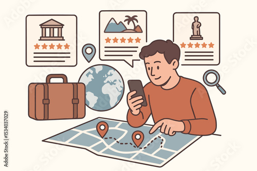 Man planning vacation using phone app. Tourist searching for destination and booking holiday. Vector illustration of travel planning, online booking, map route and research concept.