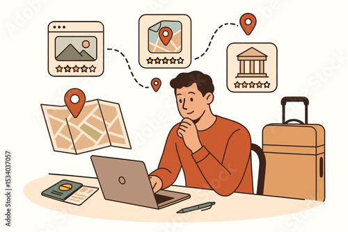 Man planning travel with laptop. Online booking concept for vacation and tourism. Tourist researches destinations, checks ratings, creates an itinerary with map, passport, and luggage.