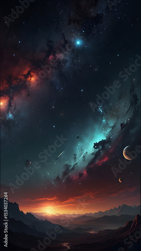 Wallpaper Mural A dramatic fiery landscape with glowing lava rivers, Rocky Mountains, the sky is filled with clouds, stars, planets and fiery milky way galaxy illuminating mountain landscape.  Torontodigital.ca