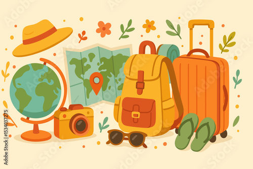 Vector illustration of travel essentials for vacation. Flat design concept for tourism and adventure with suitcase, backpack, map, globe, and camera. Packing for a summer trip banner.