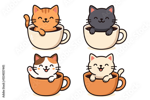 Set of cute kawaii cats in coffee cups. Adorable cartoon kittens collection sitting in mugs. Happy smiling pet characters for a cafe menu, logo or sticker. Vector illustration pack.