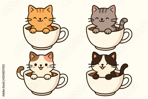 Set of cute kawaii cats in coffee cups. Collection of adorable cartoon kittens sitting in mugs. Funny pet animal character vector illustration for cafe menu, stickers, or kids.