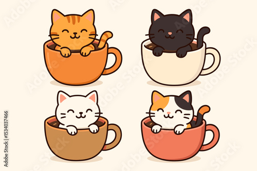Collection of cute kawaii cats in coffee cups. Adorable cartoon kitten characters set. Happy ginger, black, calico and white cats sitting in mugs. Vector pet illustration.
