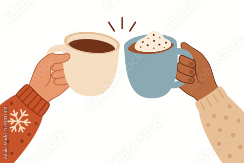 Two diverse hands in winter sweaters clinking coffee and hot chocolate mugs. Friends cheering for Christmas holiday. Cozy celebration toast with hot drinks. Vector illustration.