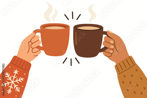Winter cheers with hot drinks. Two hands clinking steaming coffee mugs in a festive toast. Friends in cozy sweaters celebrating Christmas holidays. Concept of warmth, friendship, and celebration.