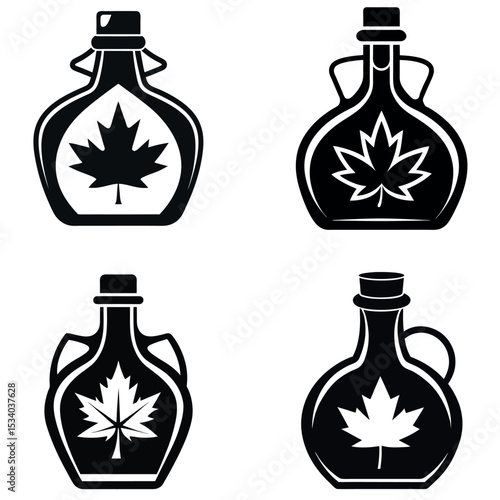 Black and White of Four Maple Syrup Bottles Featuring Maple Leaves Silhouettes