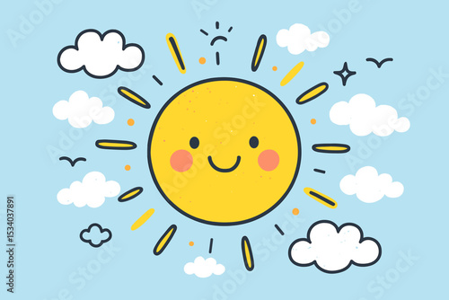 Cute smiling sun character doodle in the sky with clouds. Happy summer cartoon vector illustration for kids. Cheerful kawaii weather drawing. Positive sunshine hand drawn sketch.