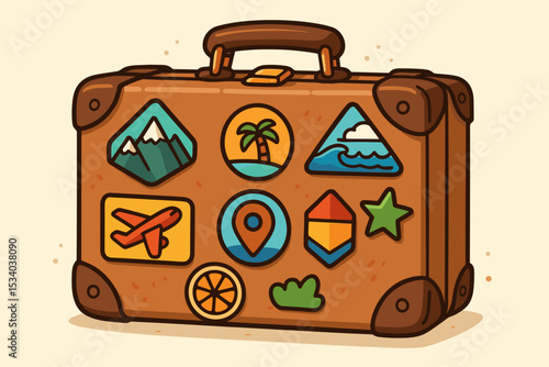 Vintage travel suitcase with stickers. Retro luggage for journey and adventure. Vacation memories concept with patches of mountains, beach, sea, and airplane. Tourism illustration.