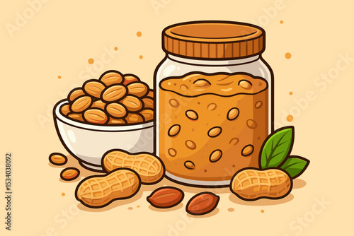 Crunchy peanut butter in glass jar with bowl of peanuts vector illustration. Natural healthy food concept with organic groundnuts for breakfast snack or spread ingredient.