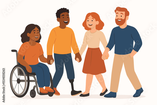 Happy diverse group of friends with disabilities walking and holding hands. Woman in a wheelchair and man with a prosthetic leg. Concept of inclusion, community, support, and unity.
