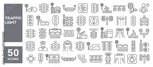 Set of 50 line icons related to traffic light, control, signal, spotlight, road, regulation, traffic, Editable stroke. Vector illustration