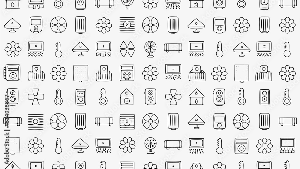 Illustration of various household appliances including fans, heaters, speakers, and thermometers in black and white Illustration of various household appliances including fans, heaters, speakers, and thermometers in black and white
