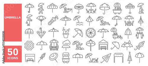 Set of 50 line icons related to umbrella, sun shade, beach, folding umbrella, rain umbrella, Editable stroke. Vector illustration