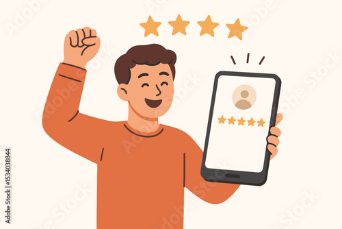 Happy man holding smartphone giving a 5-star positive review. Customer satisfaction and feedback concept. Excellent service rating for mobile application. User experience success.