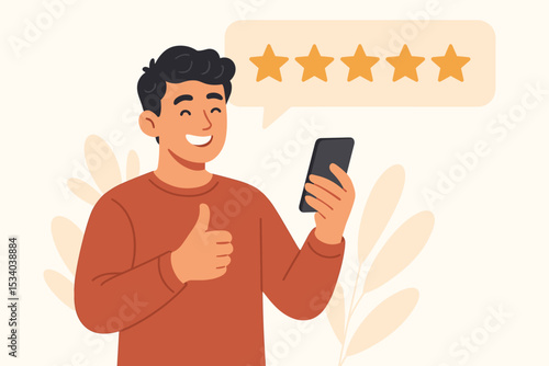Happy man giving a five star rating on a smartphone. Customer satisfaction concept illustration. Positive user feedback and review for an app or service. Thumbs up for quality.