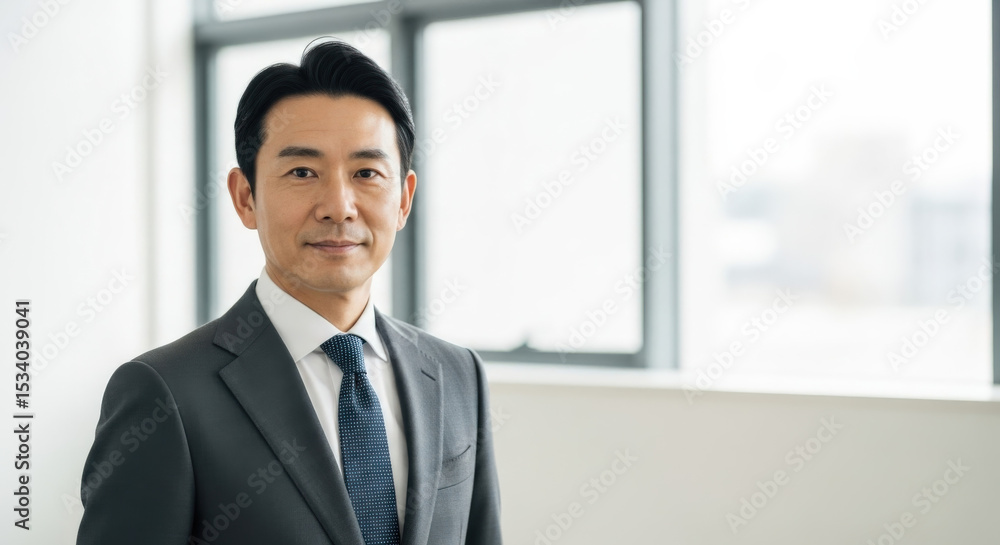 Confident middle-aged Asian businessman portrait. Successful Japanese executive in a formal suit looking at the camera. Professional manager or leader in a modern office space. Confident middle-aged Asian businessman portrait. Successful Japanese executive in a formal suit looking at the camera. Professional manager or leader in a modern office space.
