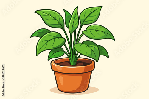 Cartoon potted plant illustration with green leaves in a terracotta flowerpot. Vector graphic of a houseplant for home decor. Concept of gardening, nature, growth, and ecology.