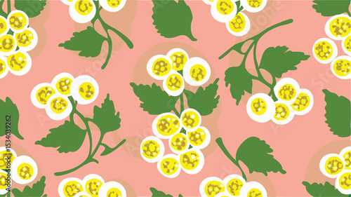 Seamless pattern of egg yolk flowers with white petals and green leaves on a pink background design