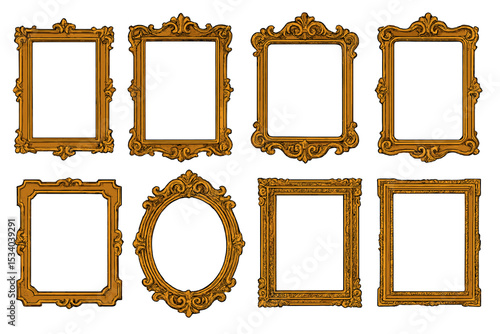 Set of ornate vintage gold picture frames. Hand drawn vector illustration of antique decorative borders. Classic baroque rococo style collection for mirror, photo, or diploma.