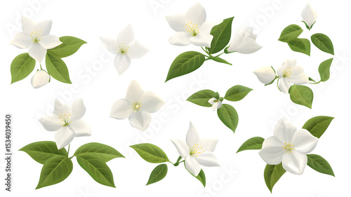 Elegant floral arrangement of jasmine flowers with green leaves and blossoms on a unique geometric background composition.