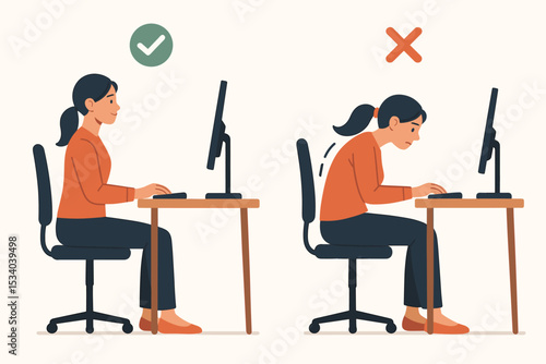 Correct versus incorrect sitting posture guide for office work. Woman at computer desk showing right and wrong positions. Ergonomics for back pain prevention and spine health.