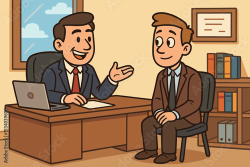 Job interview vector cartoon illustration with a candidate and manager. Business meeting in an office for hiring and recruitment. Human resources, employment, and career concept.