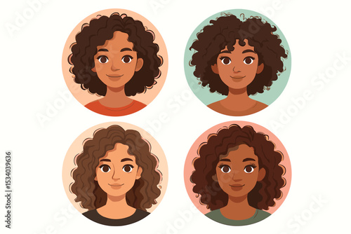 Set of beautiful women portraits with curly hair. Diverse female avatars collection. African American, Latina, mixed-race characters. Vector user icons for web, profile. Natural beauty.