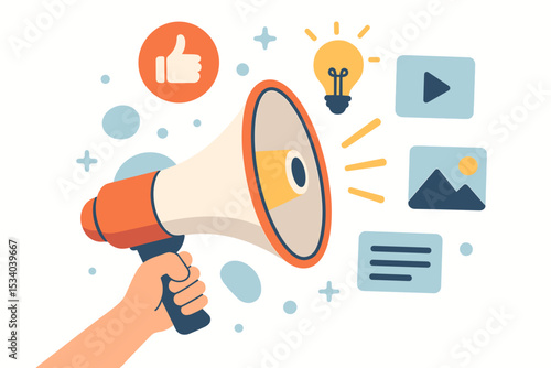 Digital marketing and advertising concept. Hand holding a megaphone for a promotion campaign. Social media communication, content strategy with like, idea, video, and photo icons.