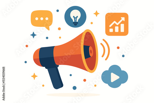 Marketing and advertising concept with a megaphone. Digital promotion and announcement. Business strategy for growth and communication. Social media campaign with creative ideas.