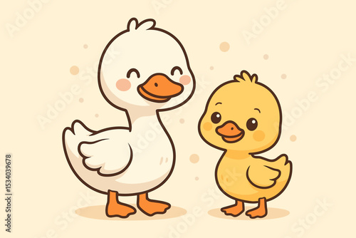 Cute cartoon goose and duckling vector illustration. Adorable kawaii characters of a mother and baby bird. Farm animal family and friendship concept for kids nursery design.