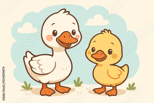 Cute cartoon goose and duckling friends. Adorable kawaii baby bird characters standing together in nature. Vector illustration for kids, nursery decor, and children's books.