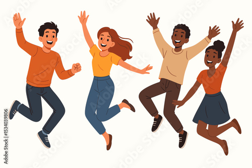 Joyful group of diverse people jumping in celebration. Happy multicultural friends celebrating success and victory. Teamwork and achievement concept. Young happy adults characters.