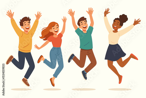 Joyful group of diverse young people jumping together. Cartoon characters celebrating victory and success. Excited friends with raised hands. Vector concept of happiness and teamwork.