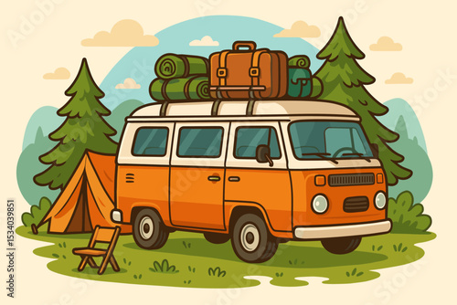 Retro camper van at campsite. Summer vacation road trip adventure. Vintage minibus with luggage in forest for camping. Outdoor travel, tourism, and van life concept illustration.