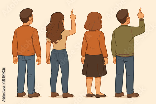 Set of diverse characters from the back. People standing in rear view, pointing up with finger. Man and woman looking at something. Concept of direction, choice, attention.