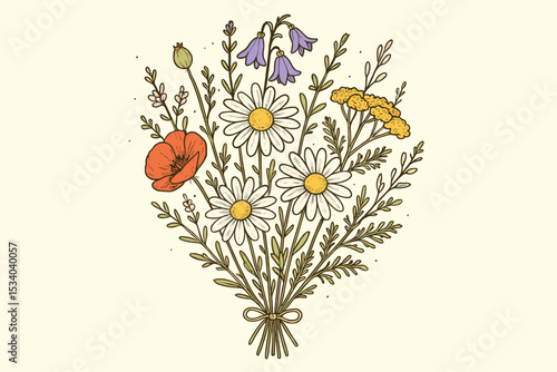 Vintage wildflower bouquet illustration. Hand drawn floral arrangement with daisy, poppy, and bluebell flowers. Botanical vector sketch for greeting card, summer design, wedding.