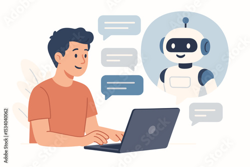 Man chatting with AI chatbot on a laptop. User conversation with a virtual assistant bot for customer support. Online help service with a friendly robot. Artificial intelligence concept.