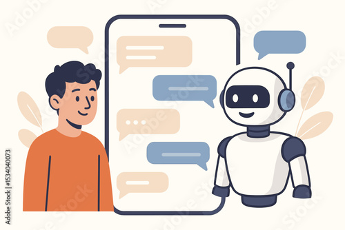 Man chatting with AI chatbot on smartphone. Virtual assistant robot provides customer service and support. Online communication concept with artificial intelligence technology. Help desk.